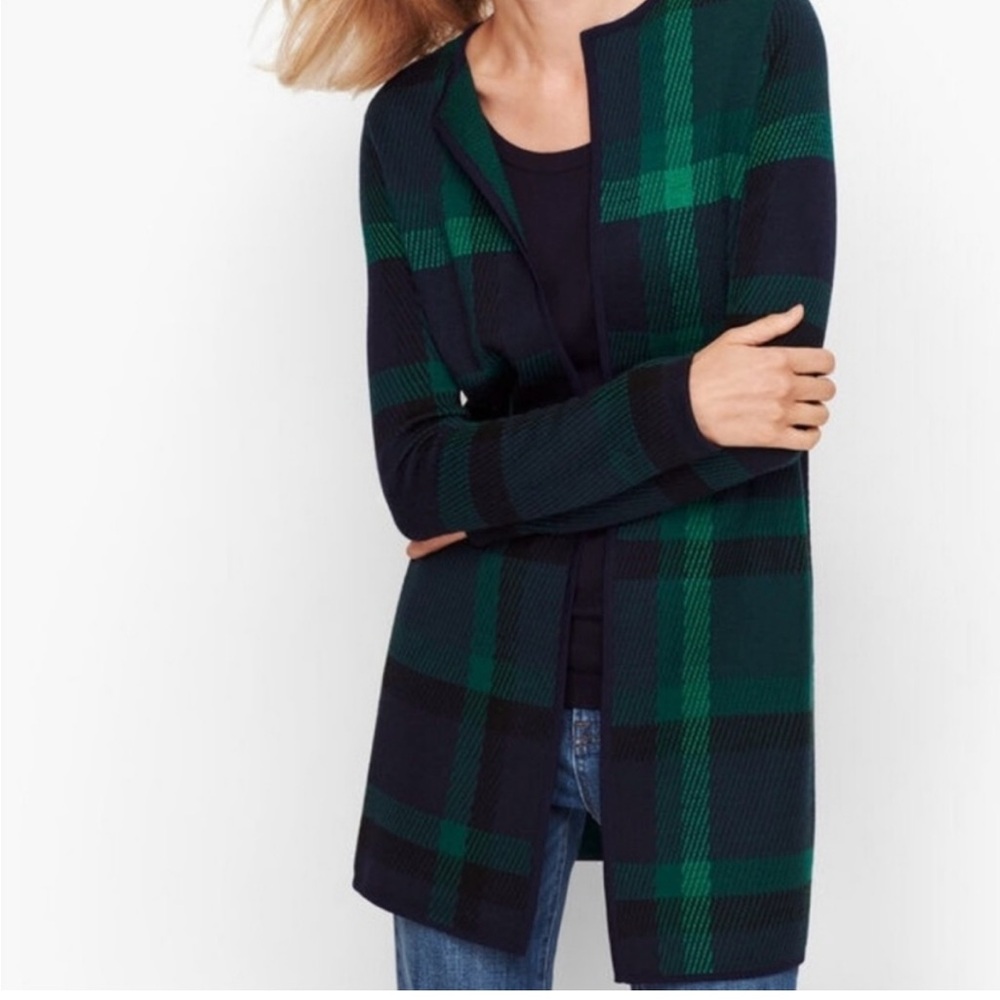 Talbots Petite Tartan Plaid Pure Merino Wool Open Front Cardigan Size SP